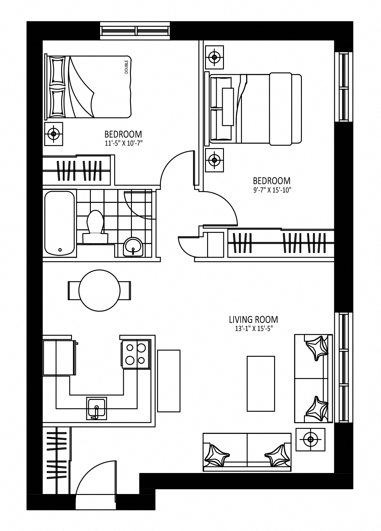 Floor plan for 2 beds, 1 bath, 802 sqft